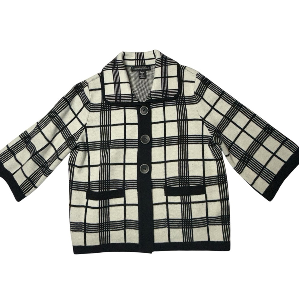 Designers Originals Black and White Plaid Sweater Jacket Cardigan Petite XS